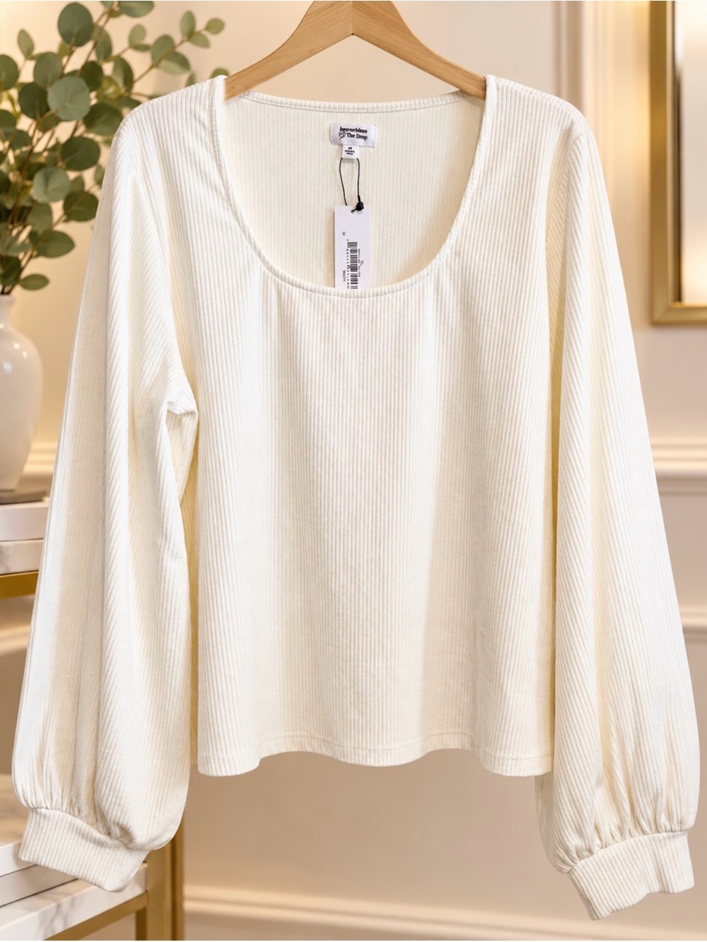 Everyday Scoop Neck Ribbed Long Sleeve Top - Cream